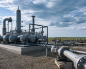 Industrial sour gas processing manifold and vertical vessel on a concrete pad at a Western Canadian oil and gas facility for acid gas injection