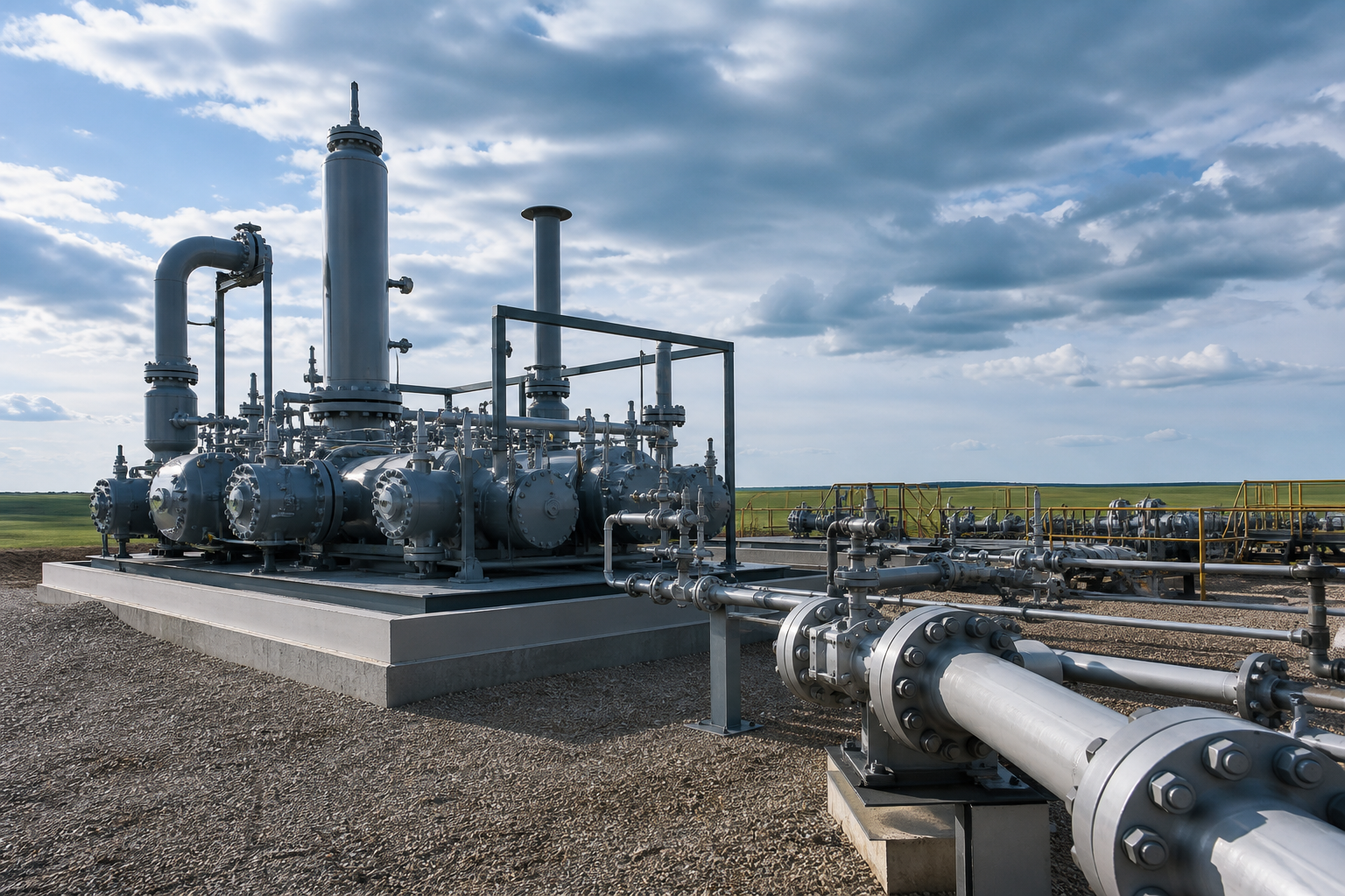 Industrial sour gas processing manifold and vertical vessel on a concrete pad at a Western Canadian oil and gas facility for acid gas injection