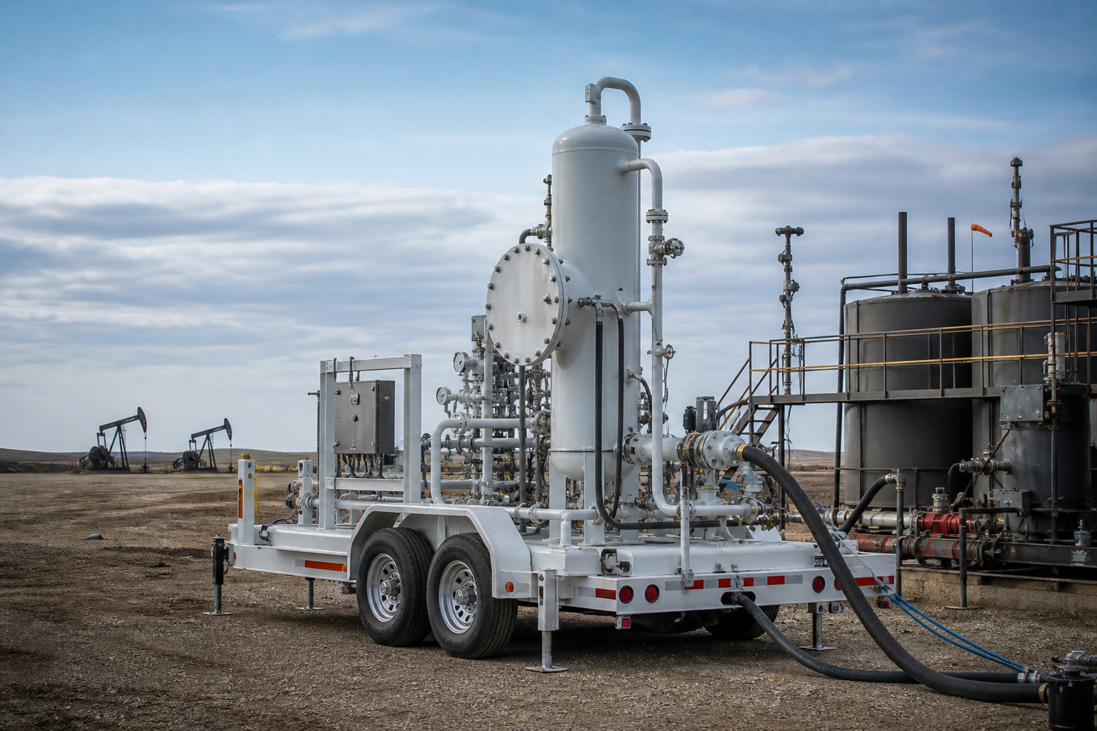 Trailer-mounted mobile H2S scrubber skid connected to temporary piping at a Western Canadian oil and gas lease during temporary sour gas treating